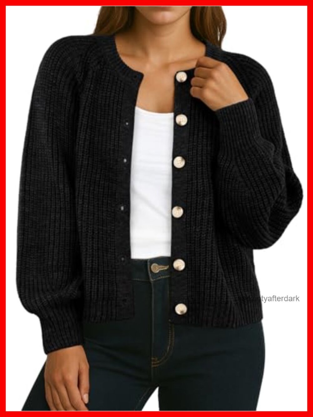Chunky Knit Button Front Cardigan Crewneck Lantern Sleeve